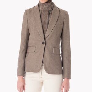 VERONICA BEARD Cutaway Wool Elbow Patch Herringbone Dickey Jacket Tan/Brown Sz 4